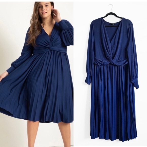 Eloquii Dresses & Skirts - Eloquii Blue Pleated Knot Front Dress with Bishop Sleeves